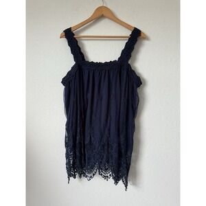 CATO Navy Blue LACE CROCHET Sleeveless Lined Tank Top Babydoll Blouse‎ Size XL